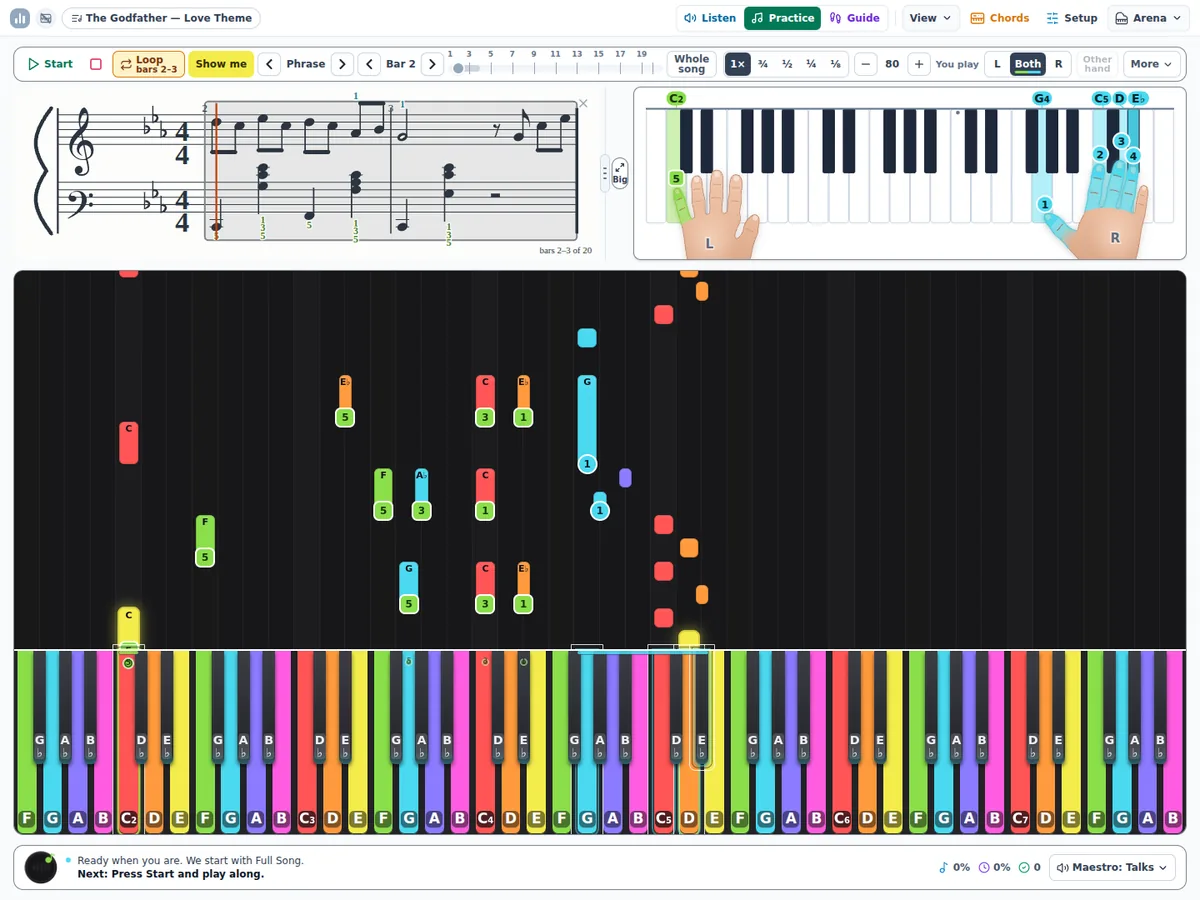 The player bar: Start, Loop, the phrases, the bar stepper, the speed levels and the tempo, above the score with two bars picked.