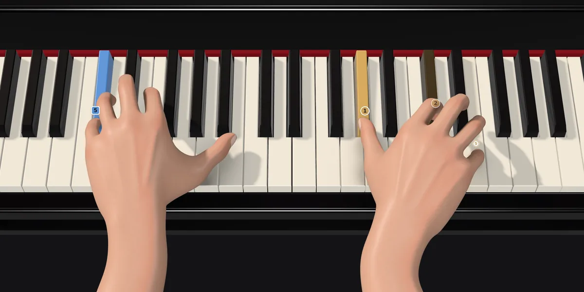 Two hands on a grand piano's keys, seen from the piano stool, the playing fingers numbered.
